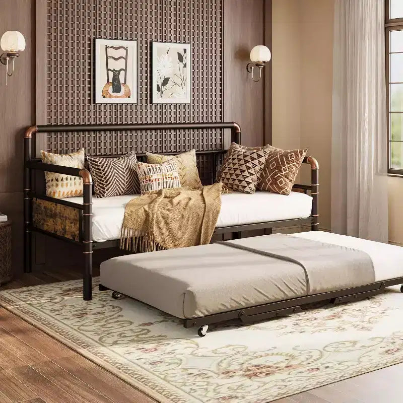 Lit de repos avec lit gigogne, cadre de lit simple avec lattes en acier, cadre de canapé-lit avec supports robustes pour salon, chambre à coucher, marron