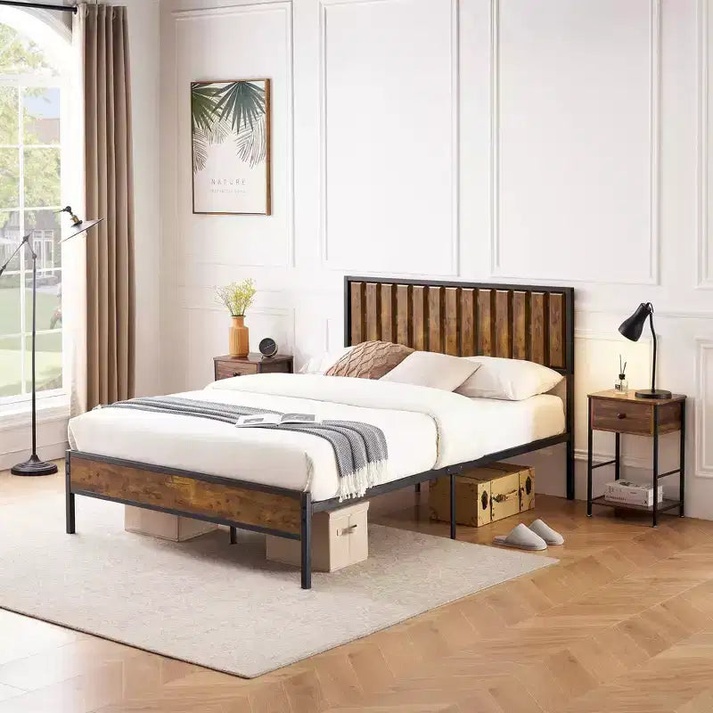 COZONY Cadre de lit plateforme double avec tête et pied de lit en bois, 14 barres de soutien en acier, sans bruit