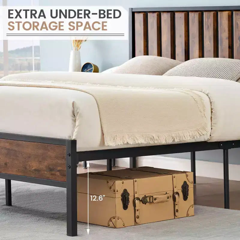 COZONY Cadre de lit plateforme double avec tête et pied de lit en bois, 14 barres de soutien en acier, sans bruit