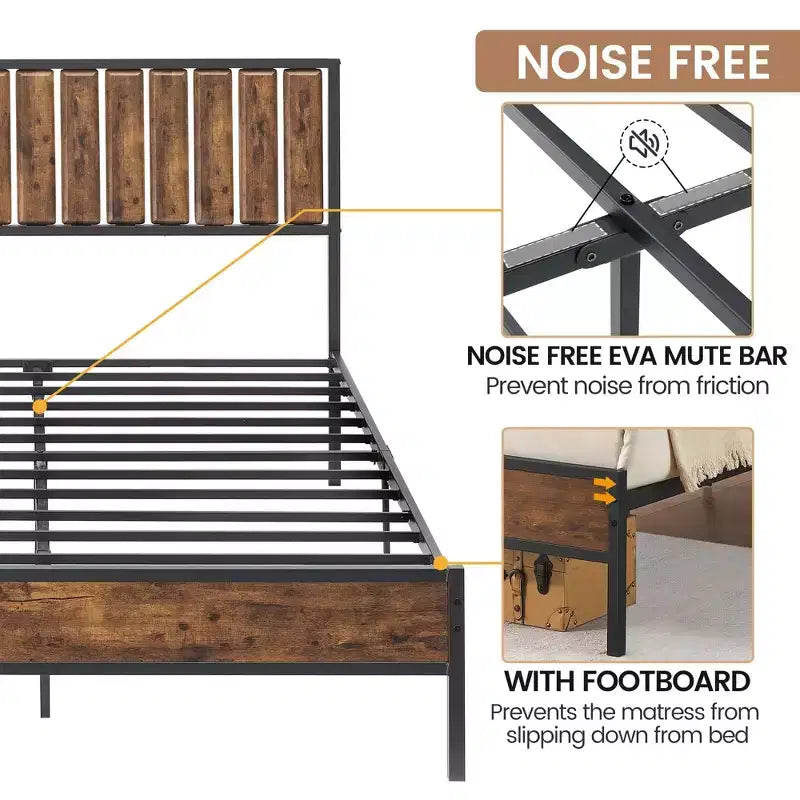 COZONY Cadre de lit plateforme double avec tête et pied de lit en bois, 14 barres de soutien en acier, sans bruit