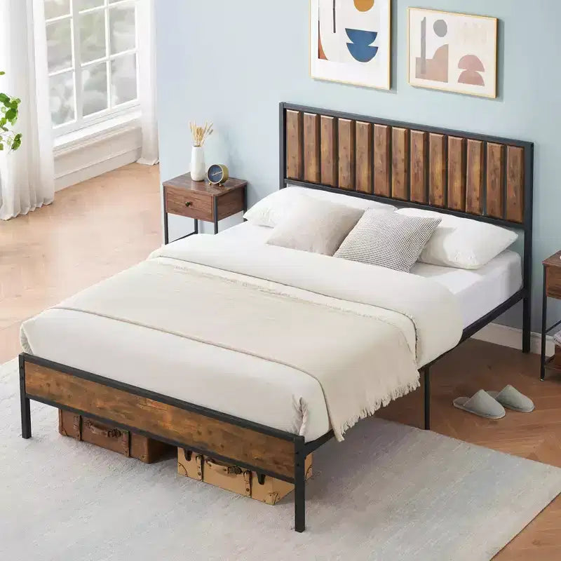 COZONY Cadre de lit plateforme double avec tête et pied de lit en bois, 14 barres de soutien en acier, sans bruit