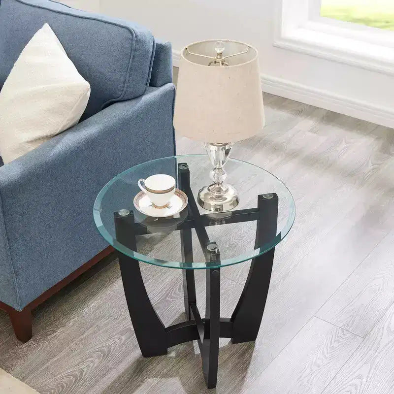 MAYEERTY Table basse ronde en verre de 23,5 pouces Table basse ronde noire Table basse avec plateau en verre pour bureau salon