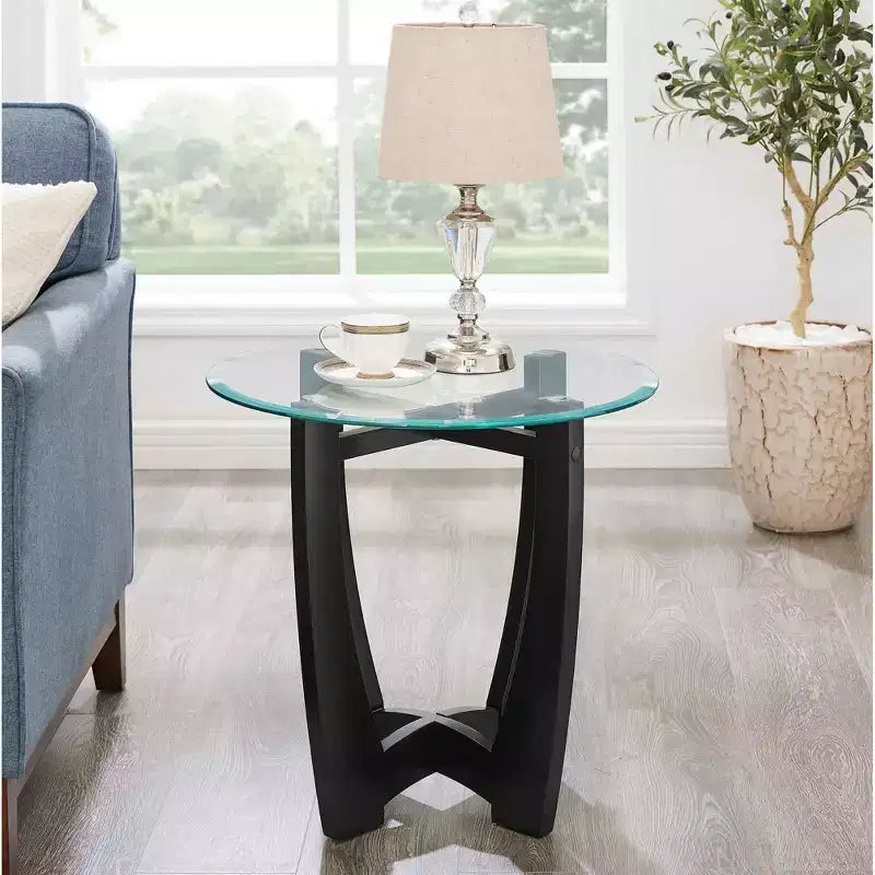 MAYEERTY Table basse ronde en verre de 23,5 pouces Table basse ronde noire Table basse avec plateau en verre pour bureau salon