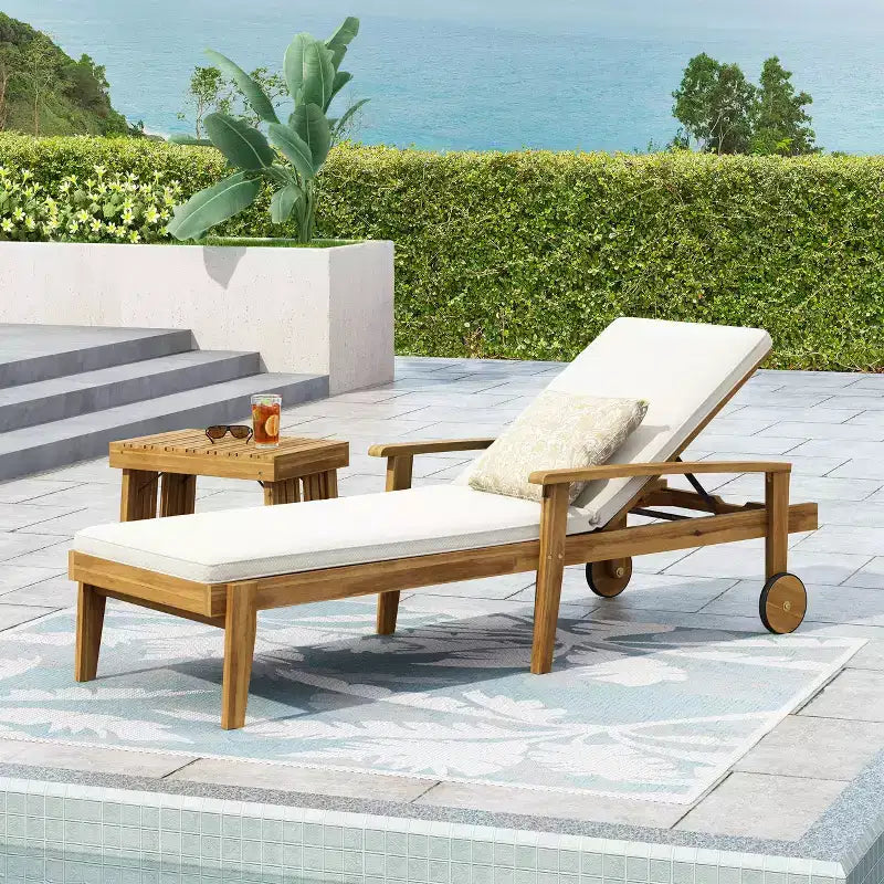 Wood Chaise Lounge Chair with 5 Position Backrest, Outdoor Patio Sun Lounger with Wheels & Water-Resistant Cushion for Garden Poolside