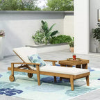 Chaise longue en bois avec dossier inclinable à 5 positions, transat d'extérieur avec roulettes et coussin résistant à l'eau pour jardin et piscine