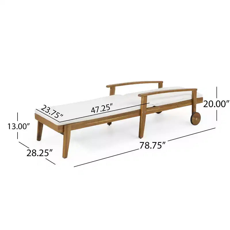Chaise longue en bois avec dossier inclinable à 5 positions, transat d'extérieur avec roulettes et coussin résistant à l'eau pour jardin et piscine