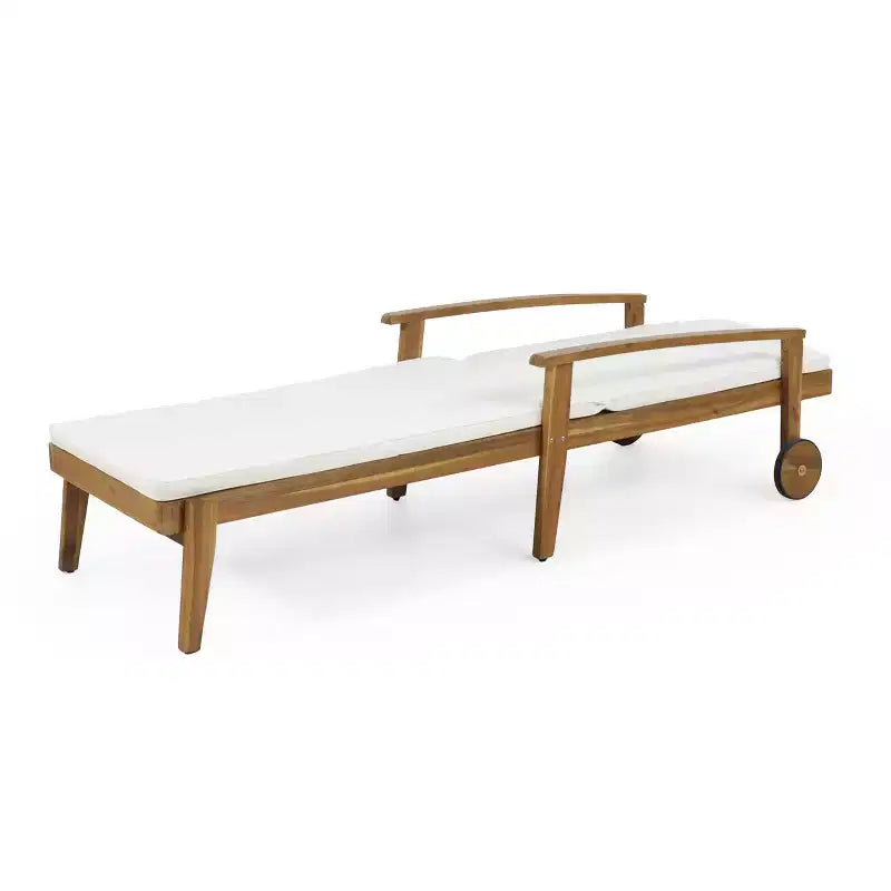 Chaise longue en bois avec dossier inclinable à 5 positions, transat d'extérieur avec roulettes et coussin résistant à l'eau pour jardin et piscine