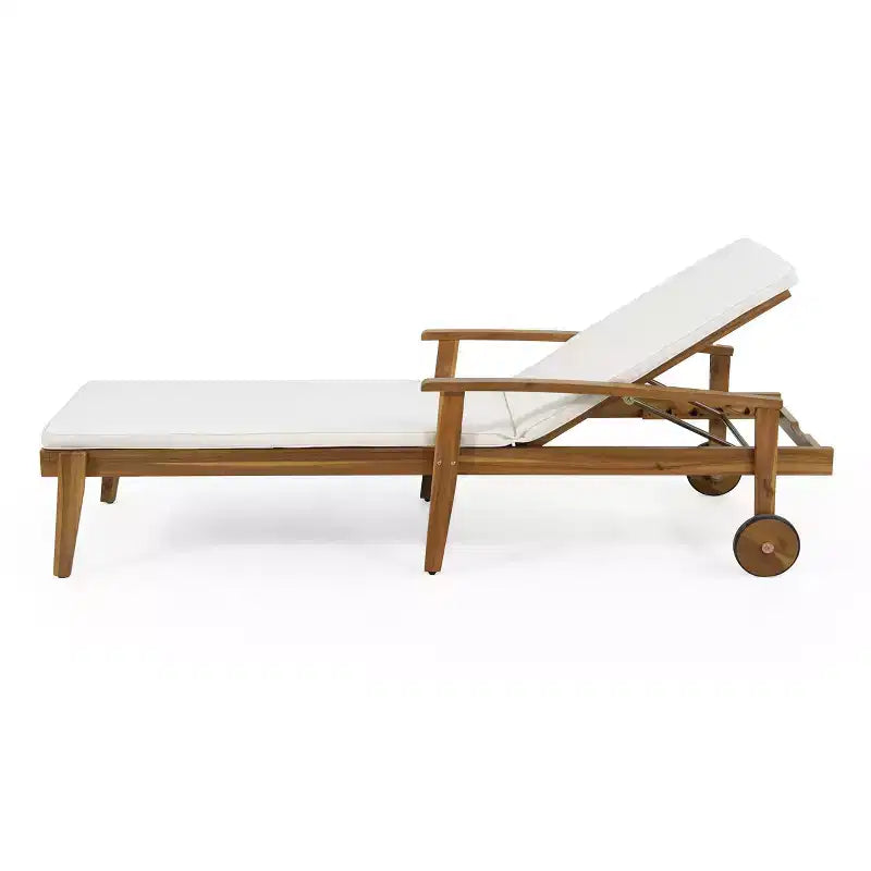 Chaise longue en bois avec dossier inclinable à 5 positions, transat d'extérieur avec roulettes et coussin résistant à l'eau pour jardin et piscine