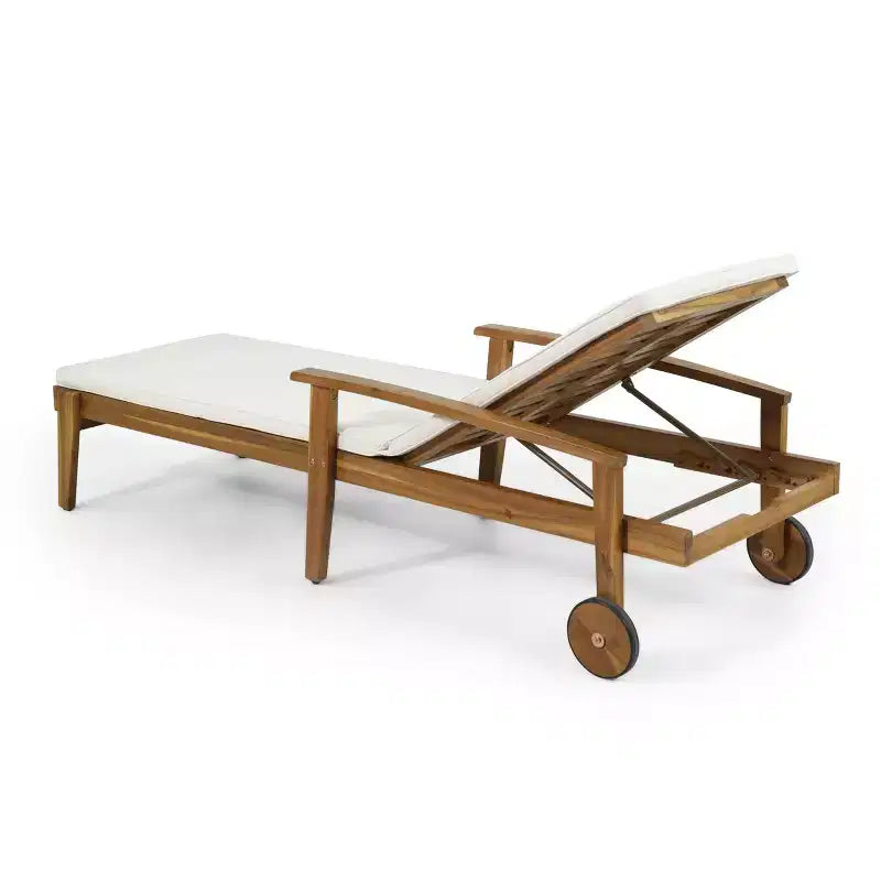 Chaise longue en bois avec dossier inclinable à 5 positions, transat d'extérieur avec roulettes et coussin résistant à l'eau pour jardin et piscine