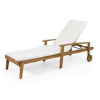 Chaise longue en bois avec dossier inclinable à 5 positions, transat d'extérieur avec roulettes et coussin résistant à l'eau pour jardin et piscine