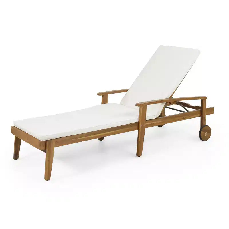 Chaise longue en bois avec dossier inclinable à 5 positions, transat d'extérieur avec roulettes et coussin résistant à l'eau pour jardin et piscine