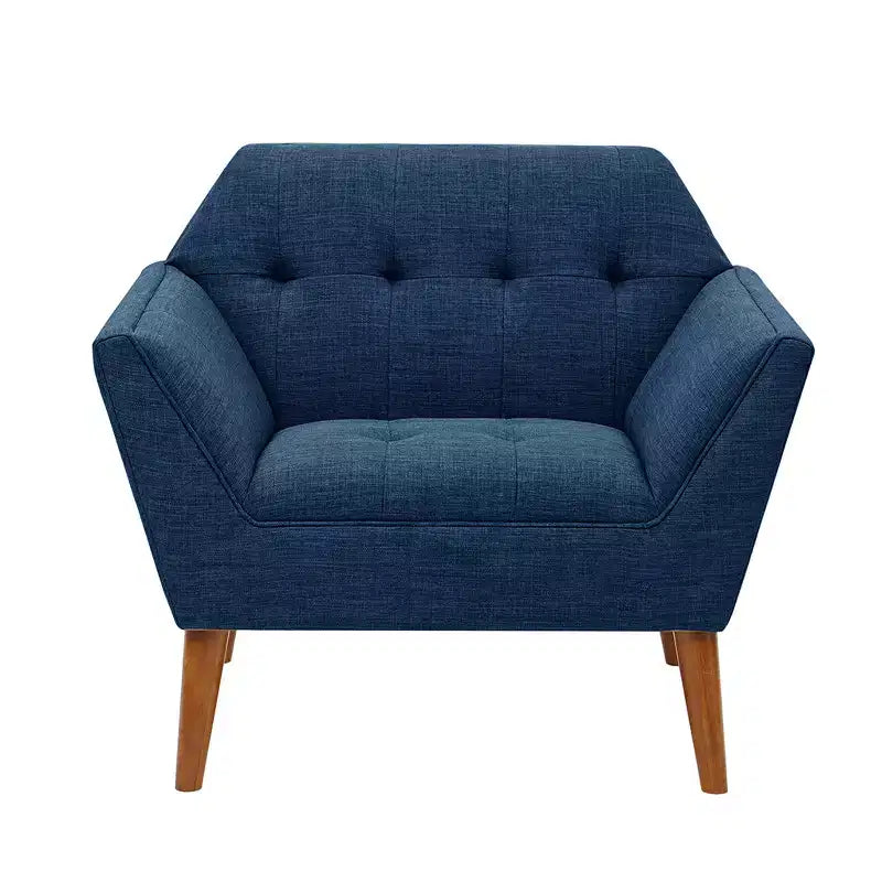 Fauteuil d'appoint moderne du milieu du siècle, fauteuil club capitonné en lin avec cadre en bois, fauteuil de lecture bleu pour salon et chambre