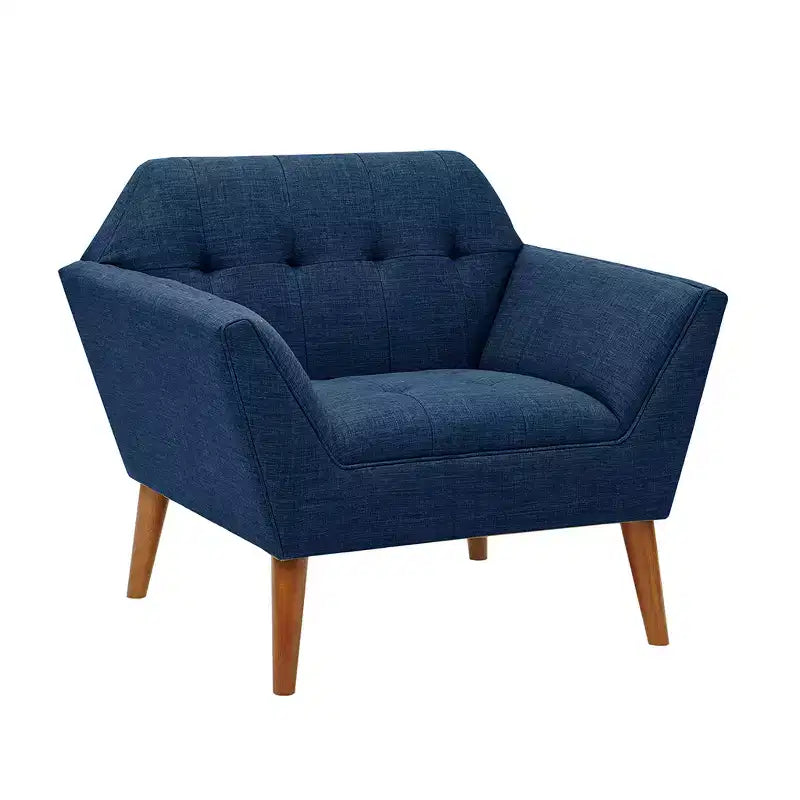 Fauteuil d'appoint moderne du milieu du siècle, fauteuil club capitonné en lin avec cadre en bois, fauteuil de lecture bleu pour salon et chambre