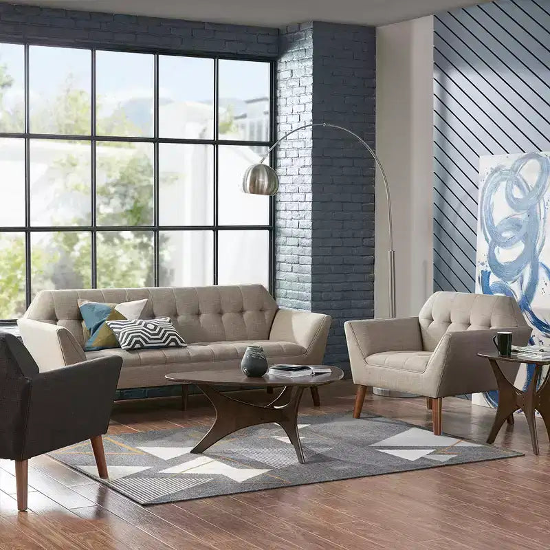 Fauteuil d'appoint moderne du milieu du siècle, fauteuil club capitonné en lin avec cadre en bois, fauteuil de lecture bleu pour salon et chambre