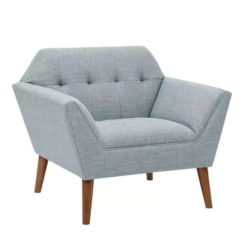 Fauteuil d'appoint moderne du milieu du siècle, fauteuil club capitonné en lin avec cadre en bois, fauteuil de lecture bleu pour salon et chambre