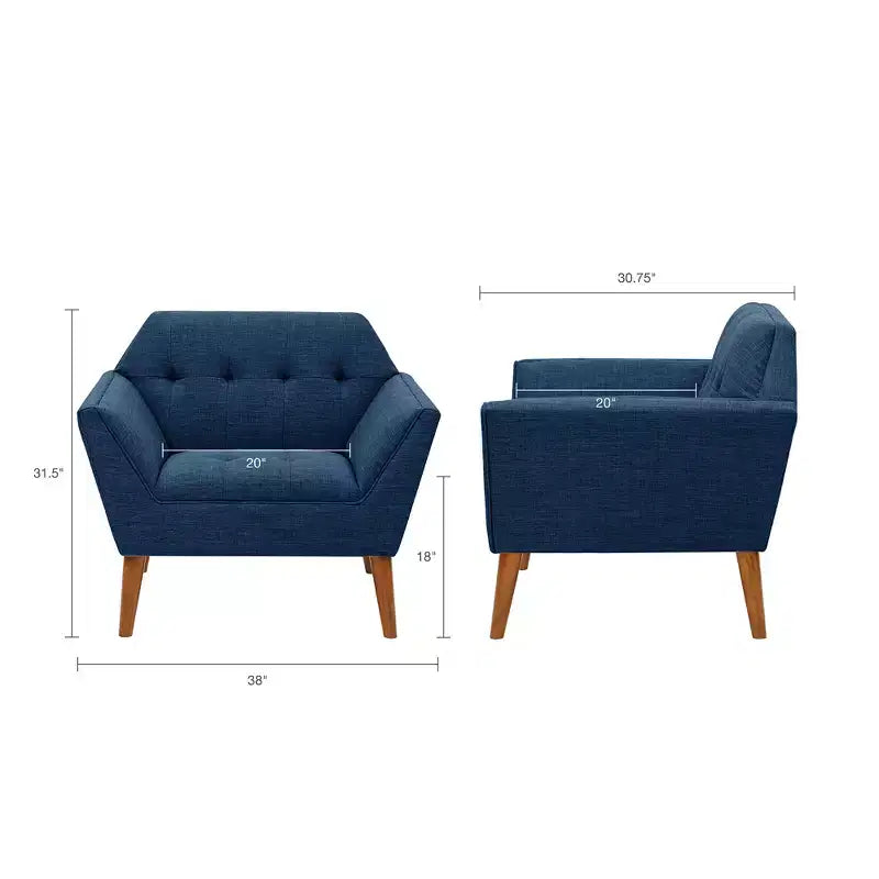 Fauteuil d'appoint moderne du milieu du siècle, fauteuil club capitonné en lin avec cadre en bois, fauteuil de lecture bleu pour salon et chambre