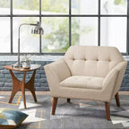Midcentury Modern Accent Chair, Linen Upholstered Tufted Armchair with Wood Frame, Blue Reading Chair for Living Room Bedroom