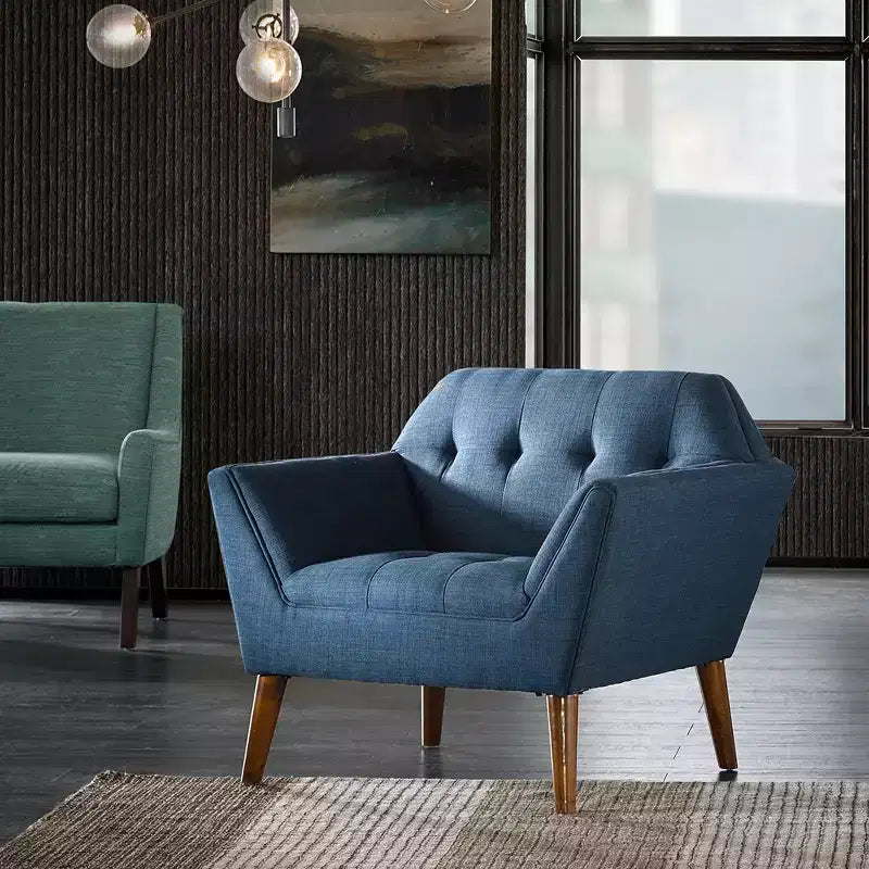 Fauteuil d'appoint moderne du milieu du siècle, fauteuil club capitonné en lin avec cadre en bois, fauteuil de lecture bleu pour salon et chambre