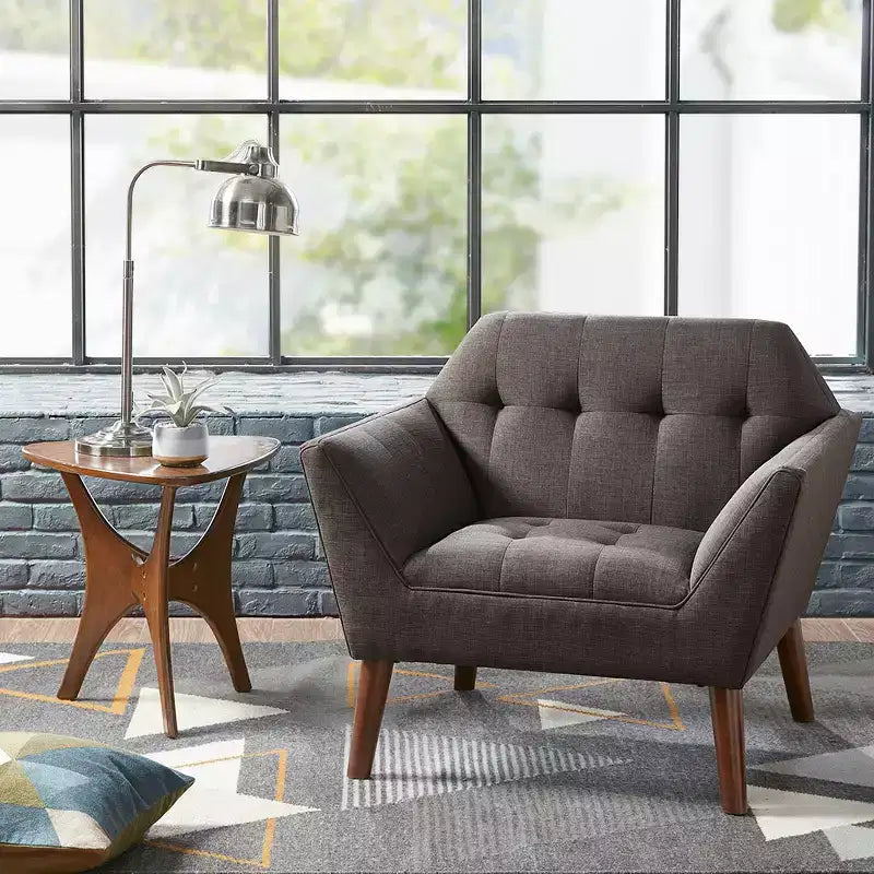 Fauteuil d'appoint moderne du milieu du siècle, fauteuil club capitonné en lin avec cadre en bois, fauteuil de lecture bleu pour salon et chambre