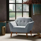 Fauteuil d'appoint moderne du milieu du siècle, fauteuil club capitonné en lin avec cadre en bois, fauteuil de lecture bleu pour salon et chambre