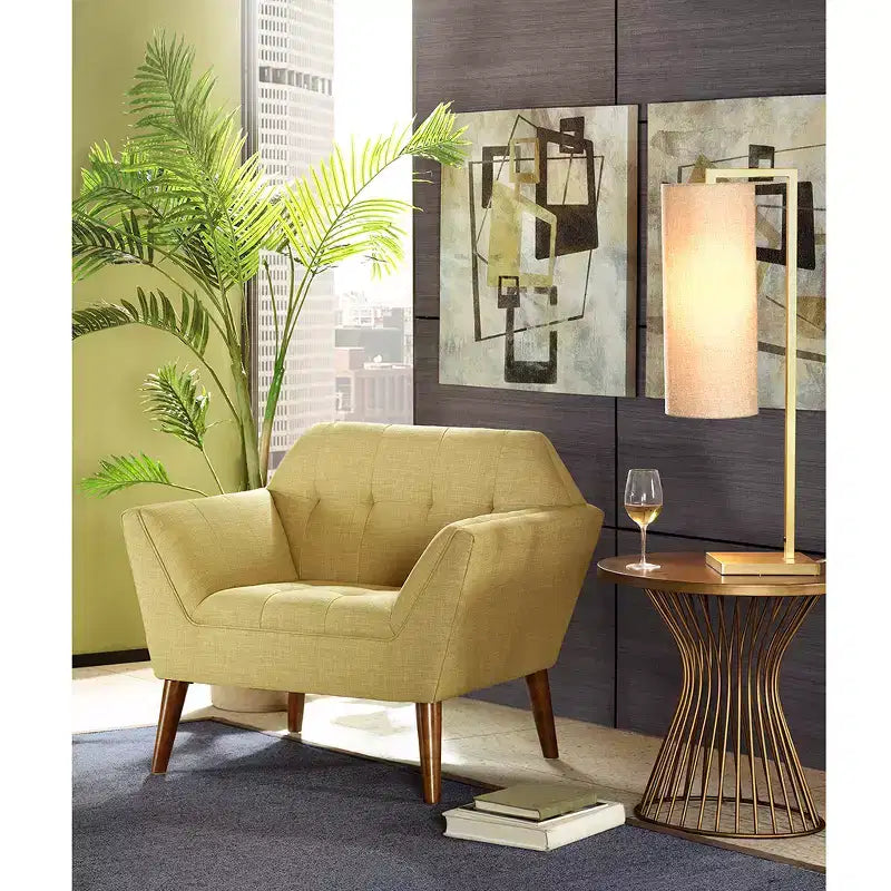 Fauteuil d'appoint moderne du milieu du siècle, fauteuil club capitonné en lin avec cadre en bois, fauteuil de lecture bleu pour salon et chambre