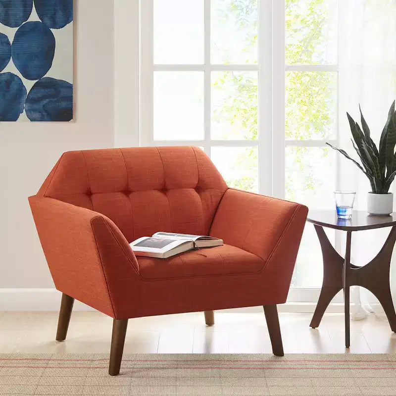 Fauteuil d'appoint moderne du milieu du siècle, fauteuil club capitonné en lin avec cadre en bois, fauteuil de lecture bleu pour salon et chambre