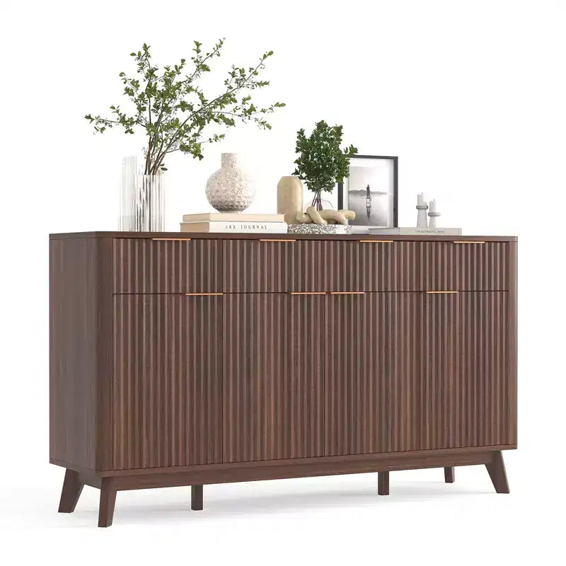 60 Large Sideboard Buffet Cabinet with Storage , Fluted Storage Cabinet with Drawers and Adjustable Shelves, Wooden Coffee Bar Console Table
