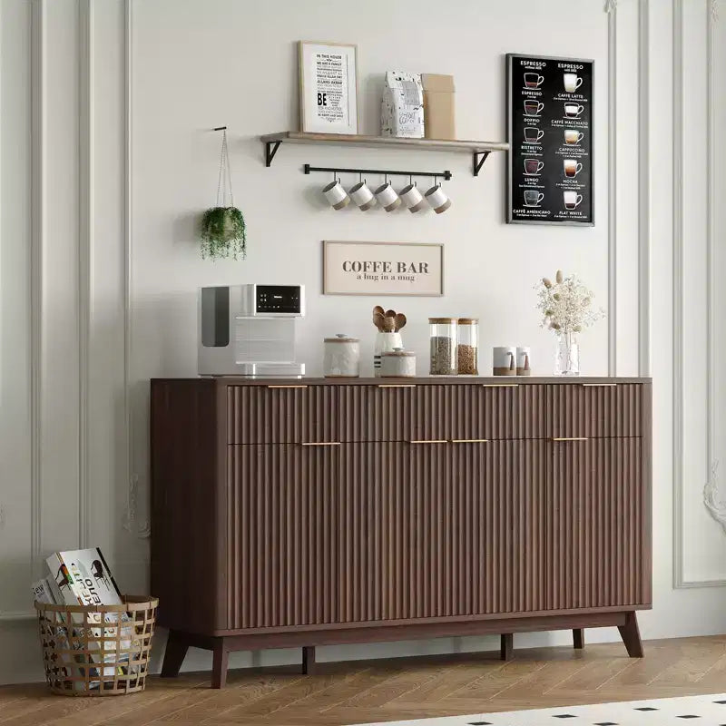 Buffet de salle à manger 60" avec rangement, buffet cannelé avec tiroirs et étagères réglables, console de bar à café en bois