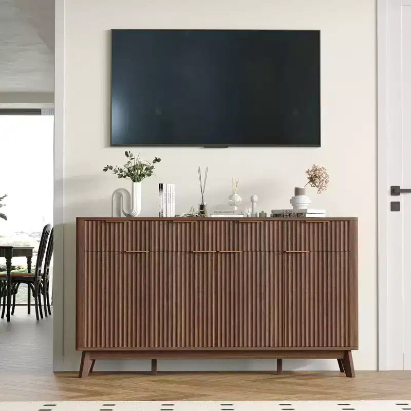 Buffet de salle à manger 60" avec rangement, buffet cannelé avec tiroirs et étagères réglables, console de bar à café en bois