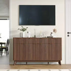 Buffet de salle à manger 60" avec rangement, buffet cannelé avec tiroirs et étagères réglables, console de bar à café en bois