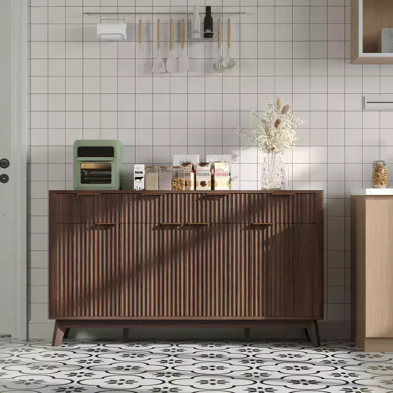 Buffet de salle à manger 60" avec rangement, buffet cannelé avec tiroirs et étagères réglables, console de bar à café en bois