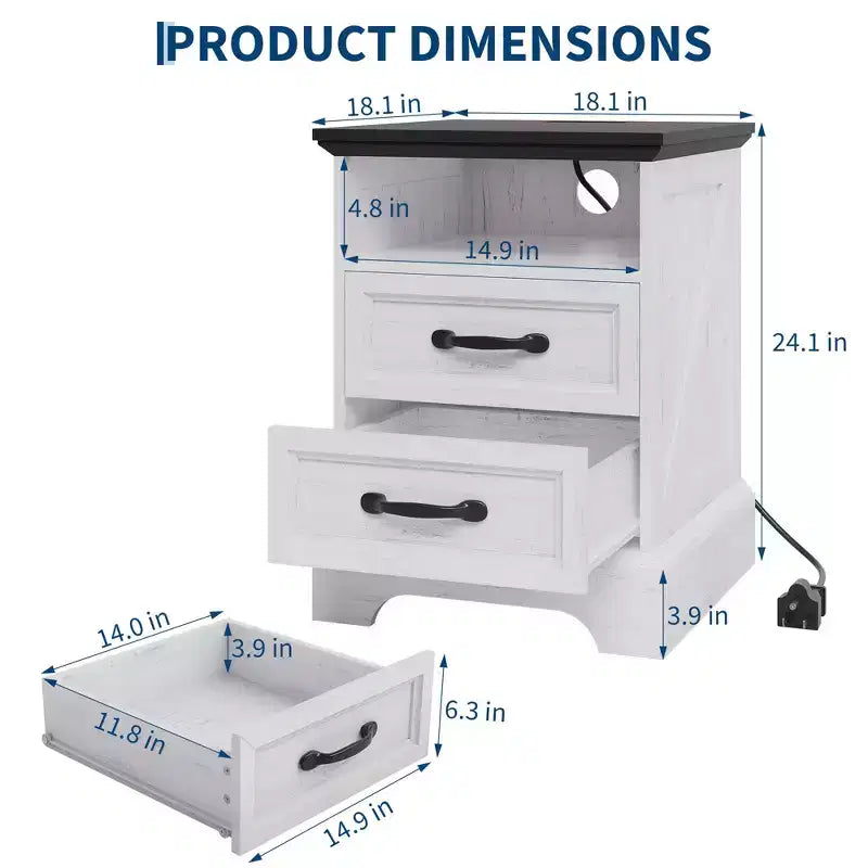 Table de chevet COZONY avec 2 tiroirs et étagère ouverte, pour chambre et salon