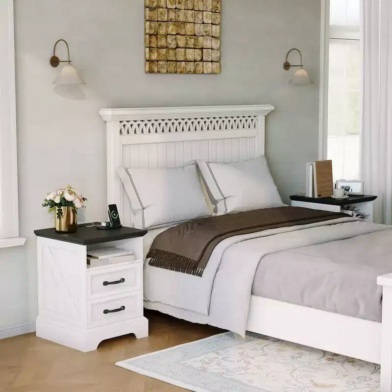 Table de chevet COZONY avec 2 tiroirs et étagère ouverte, pour chambre et salon
