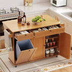 Table îlot mobile 55 avec prise de courant et abattant, chariot de cuisine roulant avec poubelle intégrée pour cuisine