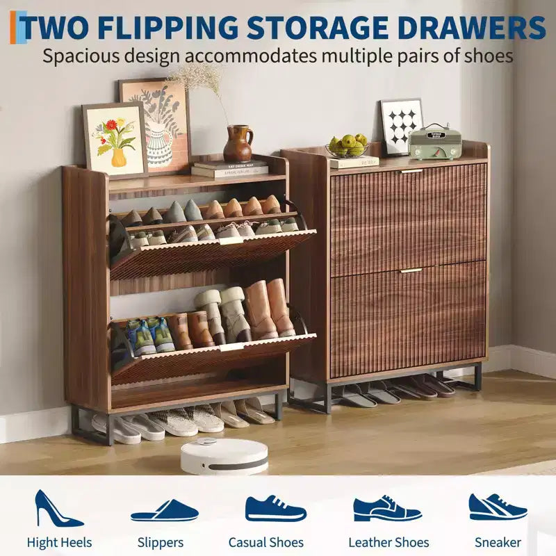 Meuble à chaussures avec 2 tiroirs basculants, armoire de rangement étroite en bois rainuré pour l'entrée, noyer