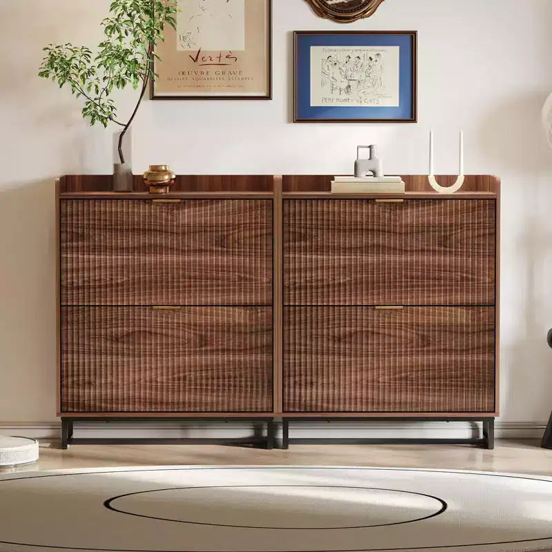Meuble à chaussures avec 2 tiroirs basculants, armoire de rangement étroite en bois rainuré pour l'entrée, noyer