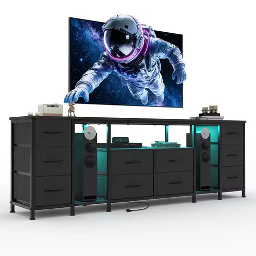 10 Drawer Dresser, TV Stand with Fabric Drawers and Power Outlets for 75 70 65 Inch TV, TV Console Table, Entertainment Center with Storage Shelves