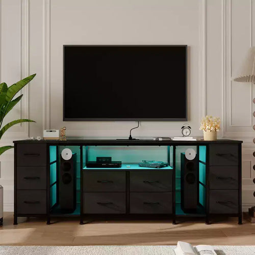 Commode à 10 tiroirs, Meuble TV avec tiroirs en tissu et prises de courant pour TV 75 70 65 pouces, Table console TV, Meuble TV avec étagères de rangement