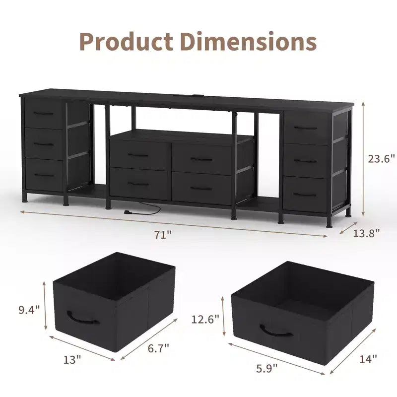 Commode à 10 tiroirs, Meuble TV avec tiroirs en tissu et prises de courant pour TV 75 70 65 pouces, Table console TV, Meuble TV avec étagères de rangement