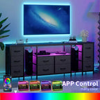 Commode à 10 tiroirs, Meuble TV avec tiroirs en tissu et prises de courant pour TV 75 70 65 pouces, Table console TV, Meuble TV avec étagères de rangement