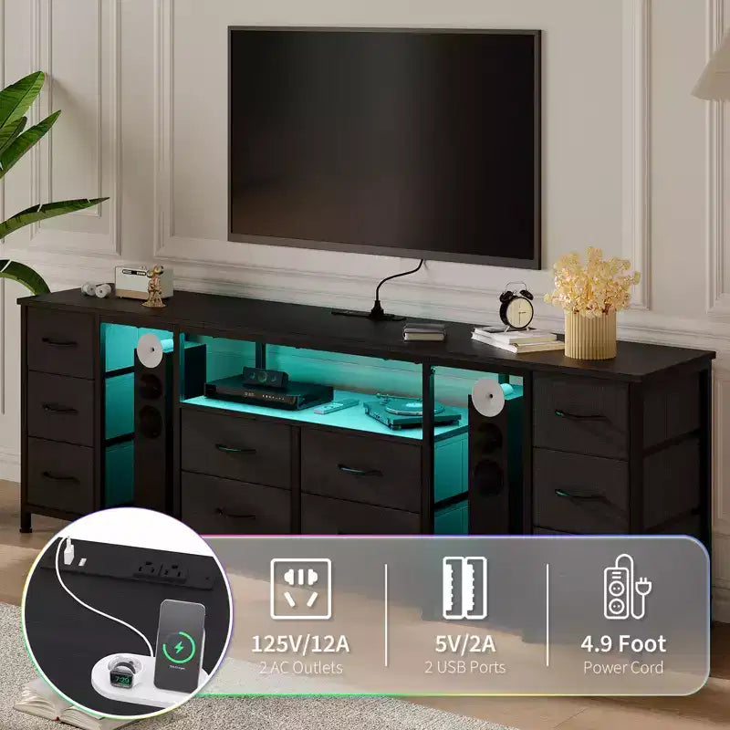 Commode à 10 tiroirs, Meuble TV avec tiroirs en tissu et prises de courant pour TV 75 70 65 pouces, Table console TV, Meuble TV avec étagères de rangement