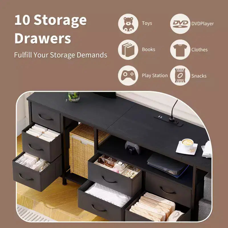 Commode à 10 tiroirs, Meuble TV avec tiroirs en tissu et prises de courant pour TV 75 70 65 pouces, Table console TV, Meuble TV avec étagères de rangement