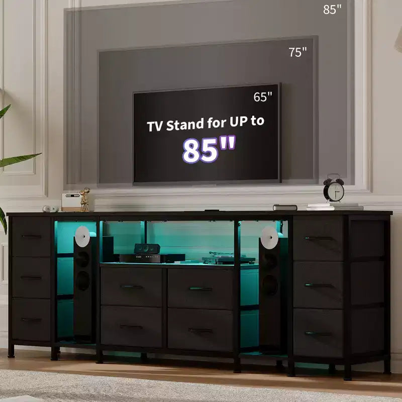 Commode à 10 tiroirs, Meuble TV avec tiroirs en tissu et prises de courant pour TV 75 70 65 pouces, Table console TV, Meuble TV avec étagères de rangement