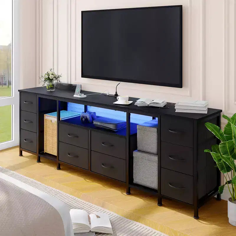 Commode à 10 tiroirs, Meuble TV avec tiroirs en tissu et prises de courant pour TV 75 70 65 pouces, Table console TV, Meuble TV avec étagères de rangement