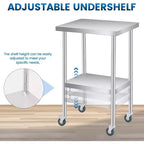 Table de travail en acier inoxydable, 61x46 cm, avec étagère inférieure réglable et 4 roulettes, robuste pour usage commercial, cuisine ou extérieur