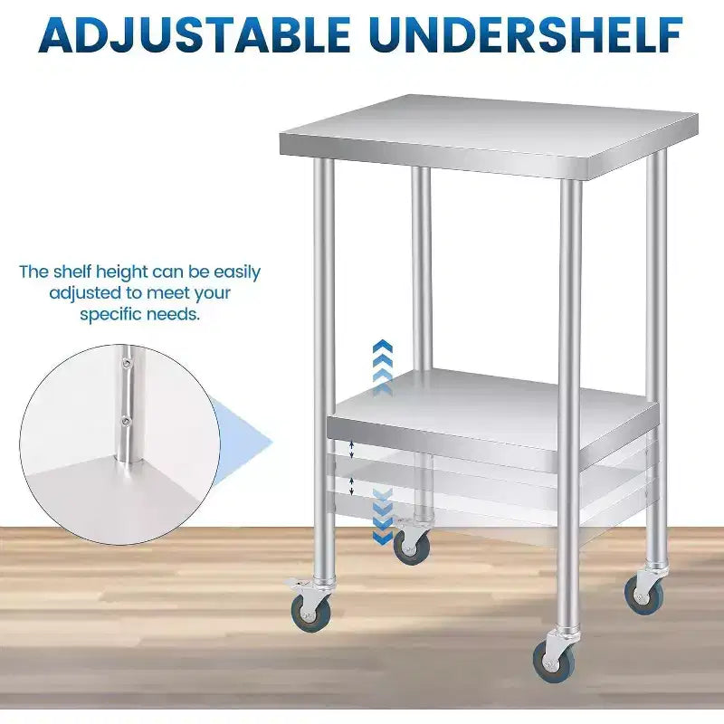 Table de travail en acier inoxydable, 61x46 cm, avec étagère inférieure réglable et 4 roulettes, robuste pour usage commercial, cuisine ou extérieur