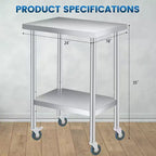 Table de travail en acier inoxydable, 61x46 cm, avec étagère inférieure réglable et 4 roulettes, robuste pour usage commercial, cuisine ou extérieur