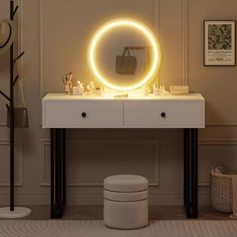 Coiffeuse avec miroir rond, petite coiffeuse moderne de 100 cm, table de maquillage avec 2 tiroirs, coiffeuse compacte pour chambre à coucher
