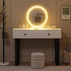 Coiffeuse avec miroir rond, petite coiffeuse moderne de 100 cm, table de maquillage avec 2 tiroirs, coiffeuse compacte pour chambre à coucher