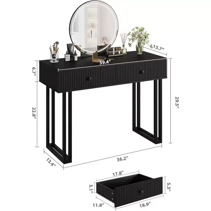 Coiffeuse avec miroir rond, petite coiffeuse moderne de 100 cm, table de maquillage avec 2 tiroirs, coiffeuse compacte pour chambre à coucher